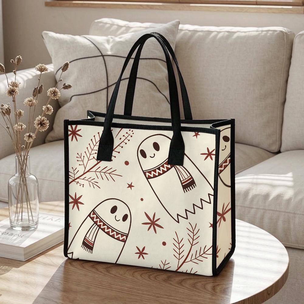 Cute Ghost Winter Canvas Tote Bag Portable Daily Shopping Handbag For Women Fashion Casual Large Capacity Grocery Carry Shoulder Bag