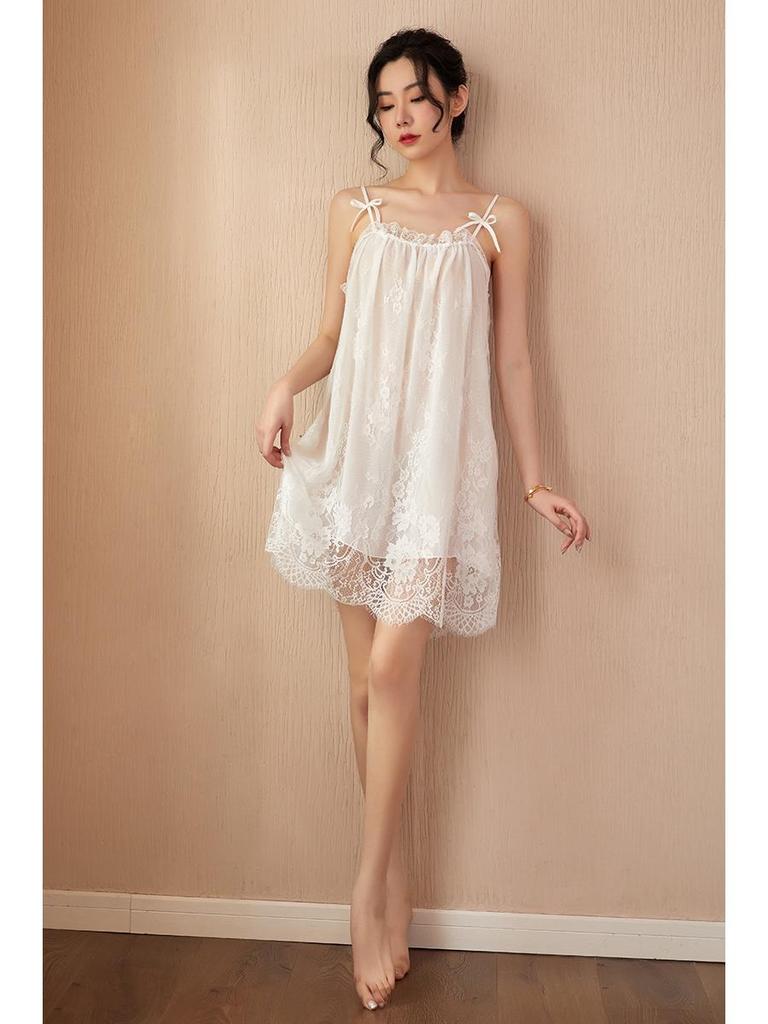 Camisón de encaje de tirantes de verano para mujer - Lencería y pijamas sexys con atadura