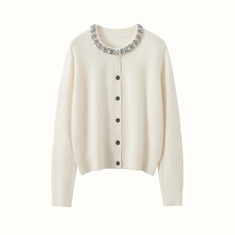 Autumn Winter Wool Knit Cardigan with Beaded Rhinestone Embellishments