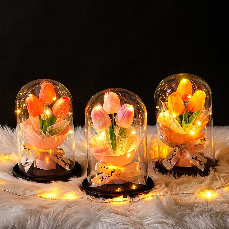 Tulip Glass Cover Flower Lamp Practical Birthday Gift Ornament Decorative Gift Teachers' Day Valentine's Day Eternal Flower Lamp
