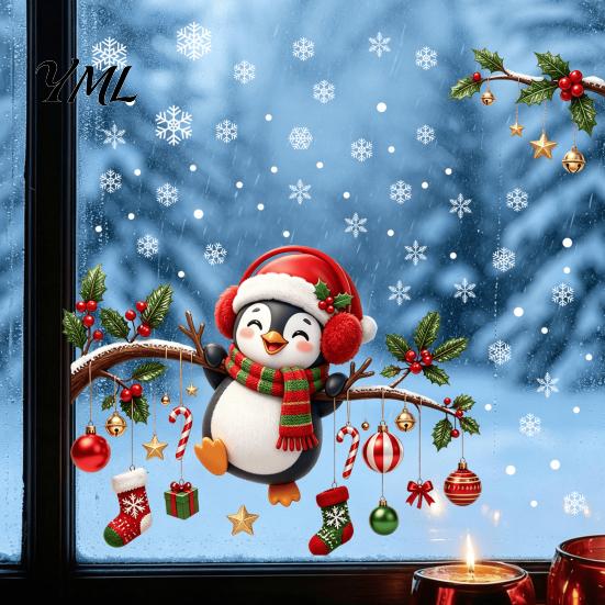 Shop Showcase Glass Decorations Christmas Static Window Cling, Penguin Decal with Holly Baubles Snowflakes, Festive Home Decor Supplies for