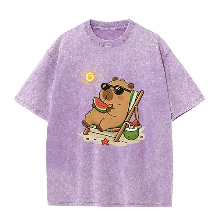 Cute Bear Beach Graphic T Shirt Oversized Polyester Summer Vacation Cartoon Animal Print Casual Streetwear Unisex Tee