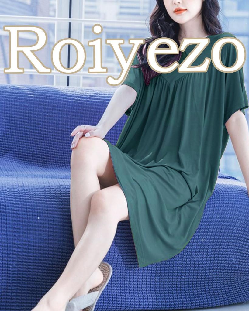 Roiyezo Loose Super Long Short Leisure Solid Green Women's Loungewear, Loungewear, Dress, Fit, Elastic, Nightgown, Sleeves, V-Neck, Pajamas, Popular,