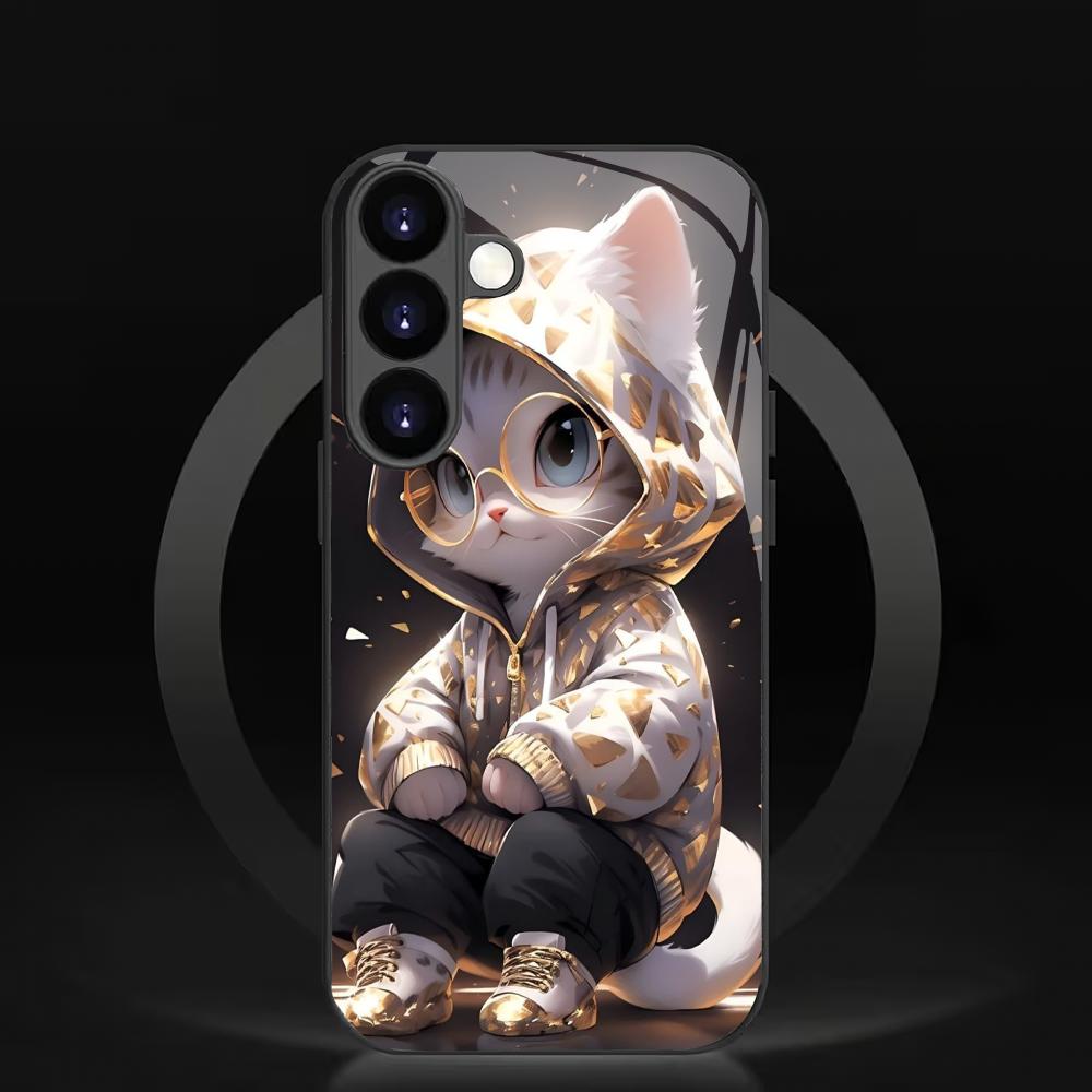Cool cat tempered glass phone case suitable for Samsung Galaxy S26 S25 S24 S23 S22 S20 FE/Ultra/Plus anti drop back cover