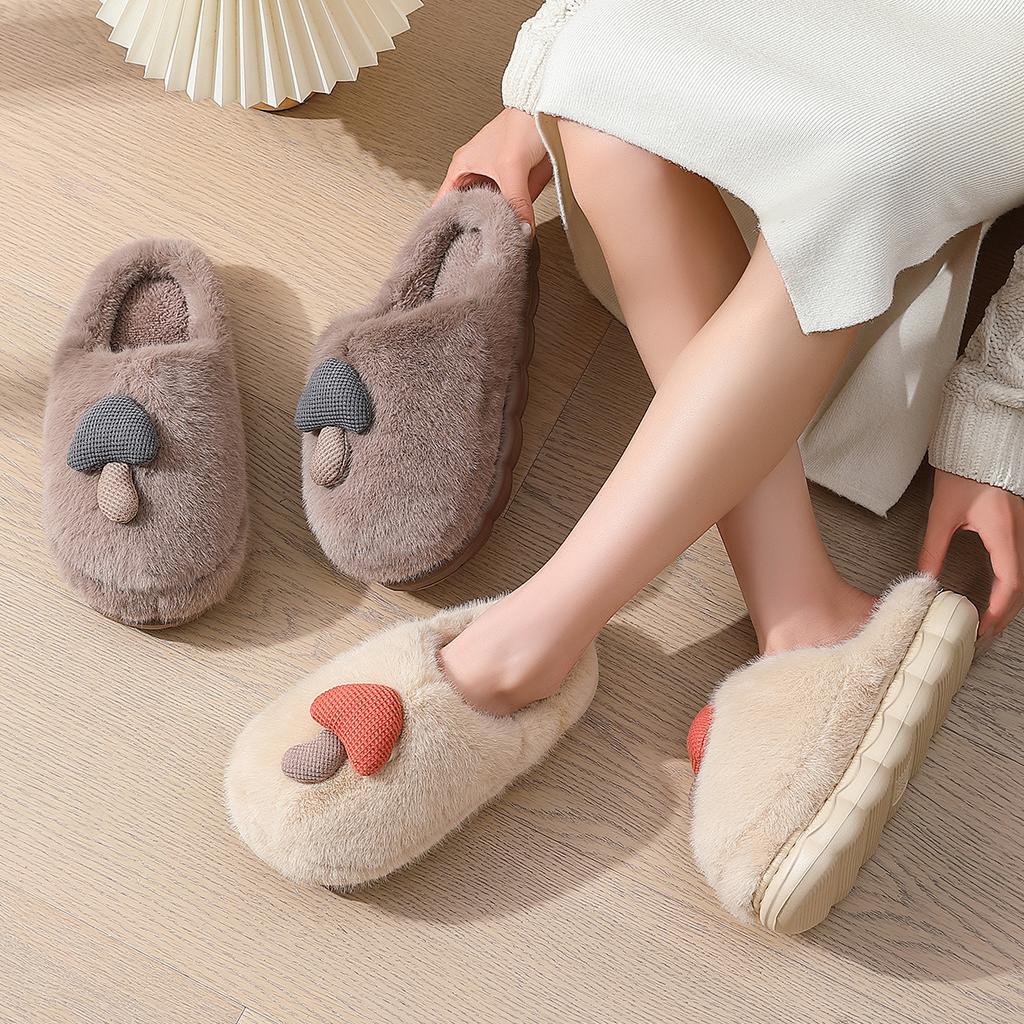 Winter Korean version cute little mushroom plush cotton slippers less heart home bedroom warm soft-soled shoes