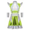 Girls Halloween Alien Cosplay Costume 3 Pieces Cap Sleeve Glossy Metallic Short Top Skirt Oversleeves