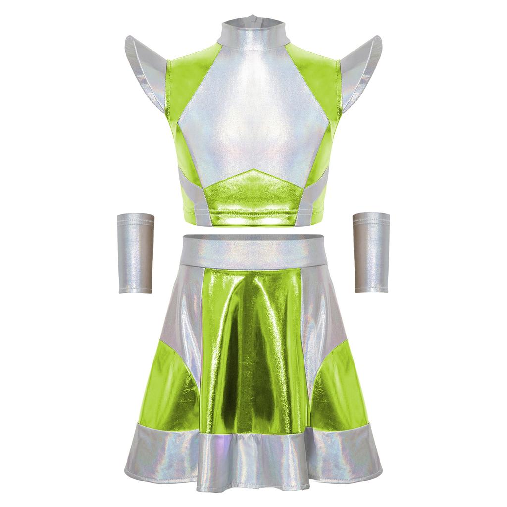 Girls Halloween Alien Cosplay Costume 3 Pieces Cap Sleeve Glossy Metallic Short Top Skirt Oversleeves