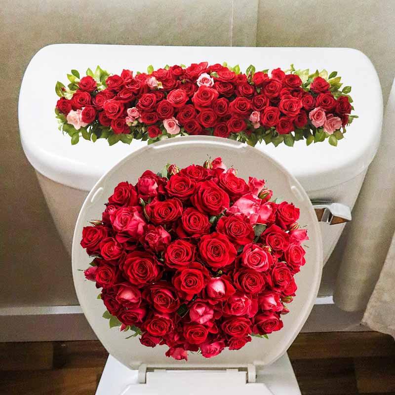Romantic Red Rose Bouquet, Toilet Wall Stickers, Bathroom Decorative Wall Stickers