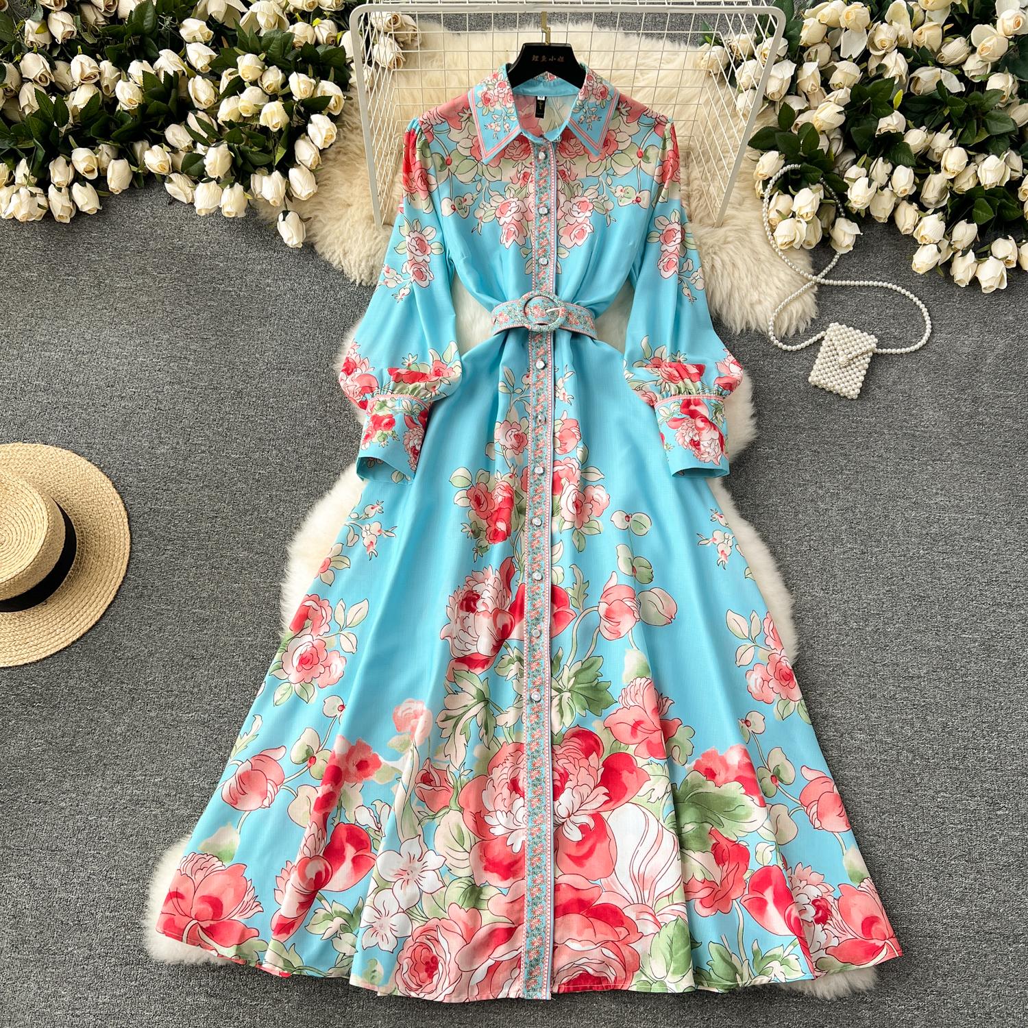 

Однобортные платья-рубашки для женщин, весенне-осенний принт, винтажное модное элегантное длинное платье в дворцовом стиле XXL синий