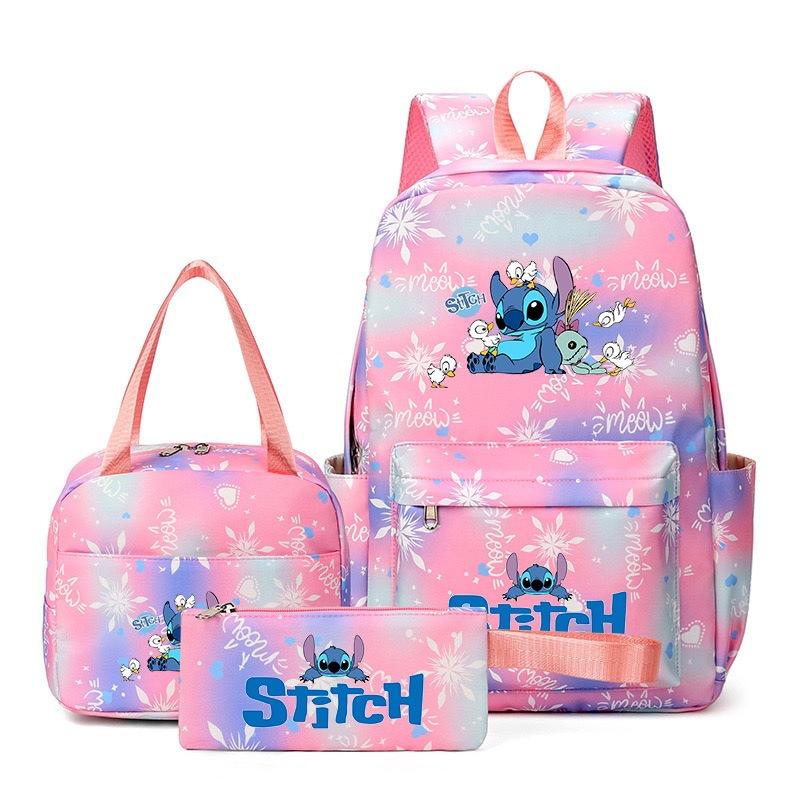 Stitch 3-teiliges Rucksack-Set für Jungen und Mädchen, Rucksack mit Campus-Cartoon-Print, Große Kapazität für Outdoor-Reisen