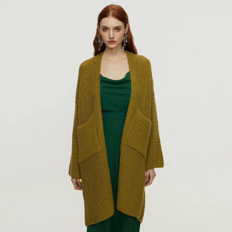 

New Arrival Pure Color Pocket Mid Length Long Length Knitting Cardigan Sweater Outwear Knitted Cardigan Sweater Olive green L