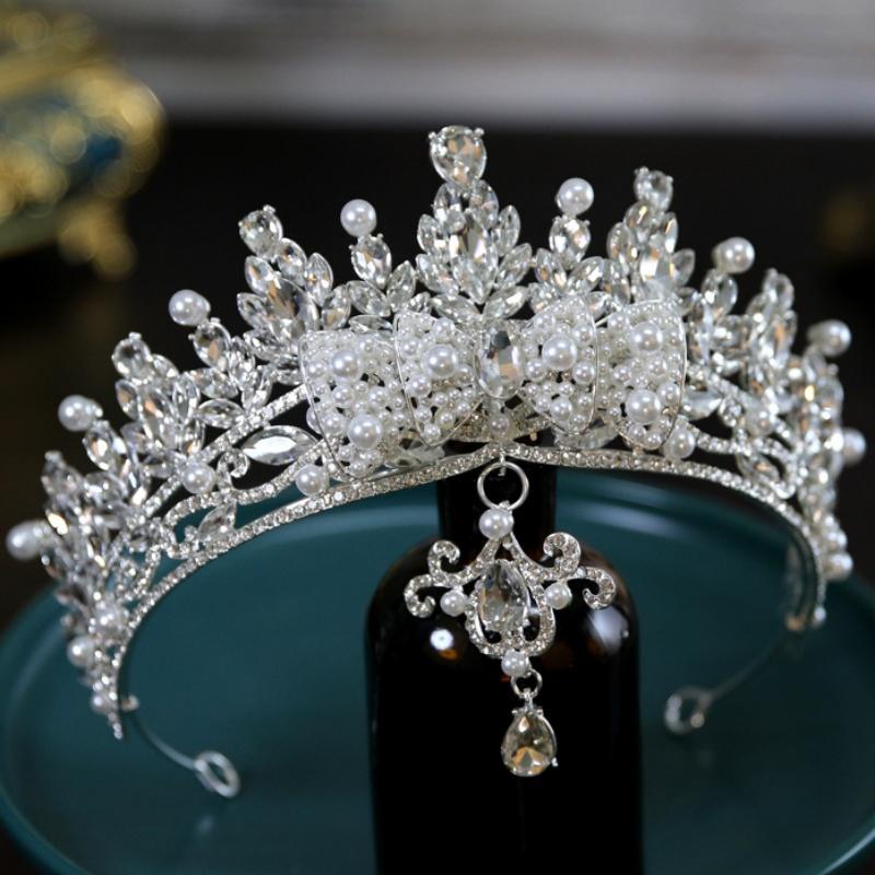 

DIEZI Baroque Vintage Queen Crystal Water Drop Pendant Crown Bridal Elegant Pearl Tiaras Diadem Girls Wedding Party Headbands High Quality