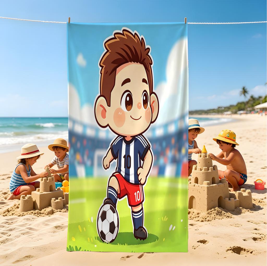 Chibi Cartoon Soccer Boy Beach Towel, Wrinkle Resistant, Adorable Print Towel For Family Travel & Beach Days