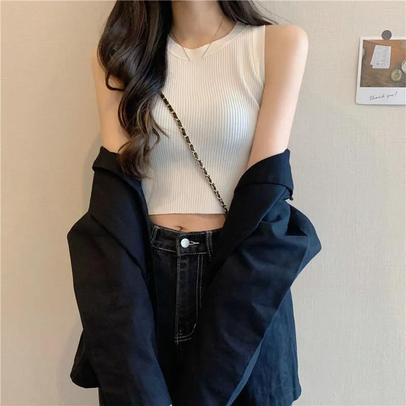 Green Knit Tank Top Sleeveless Short Women's Crop Top Solid Color Inner Wear Outer Skinny Short Vest Korean Fashion