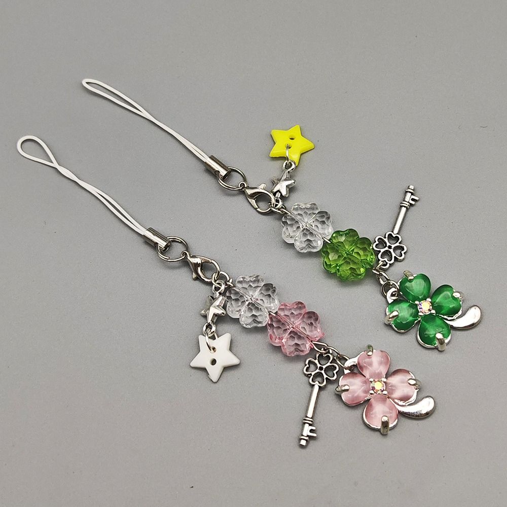 Four Leaf Beaded Phone Chain Y2K Trendy Leaf Clovers Pendant  Hanging Ornamnet