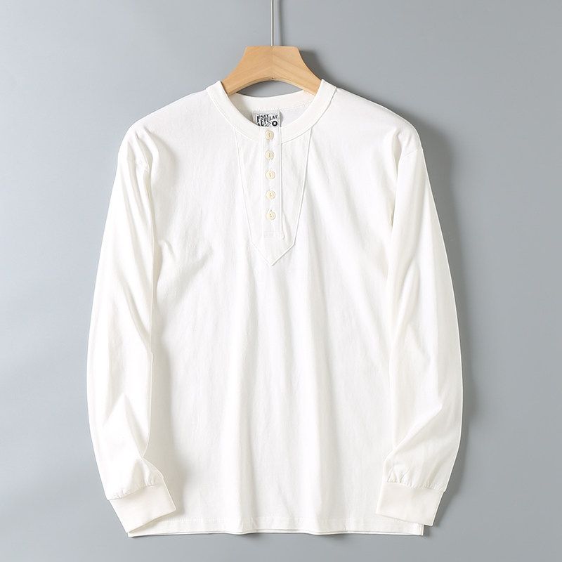 Original Foreign Trade Surplus American-Style Casual Henley Collar Cotton Long-Sleeve T-Shirt for Men, Vintage Versatile Solid Color Base Shirt