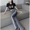 Black Striped Micro-Flare Sports Pants for Women - 2026 Spring Collection, High Waist Slimming Bell Bottoms, Plus Size, Extra Long.