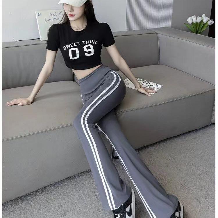 Black Striped Micro-Flare Sports Pants for Women - 2026 Spring Collection, High Waist Slimming Bell Bottoms, Plus Size, Extra Long.