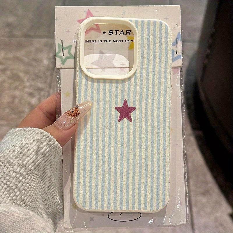 Blue Striped Star Lichee Pattern Phone Case For iPhone 11 12 13 14 15 16 17 Pro Max XS X XR 16 Plus 16E Shockproof Bumper Cover