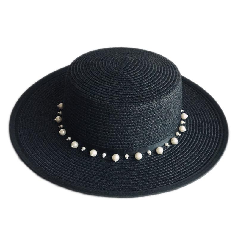 Export Foreign Trade Single Summer Female Japanese Black Flat Top Top Top Hat French Pearl Sunshade Holiday Beach Sun Straw Hat
