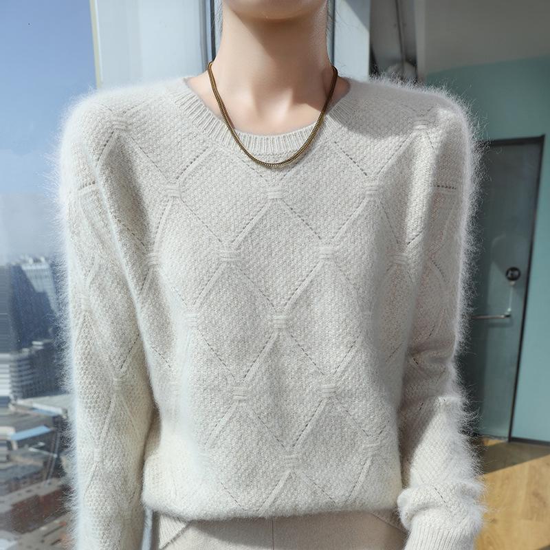 2025 Autumn/Winter Women's Loose Mink Cashmere Pullover - Round Neck, Solid Color, Diamond Knit