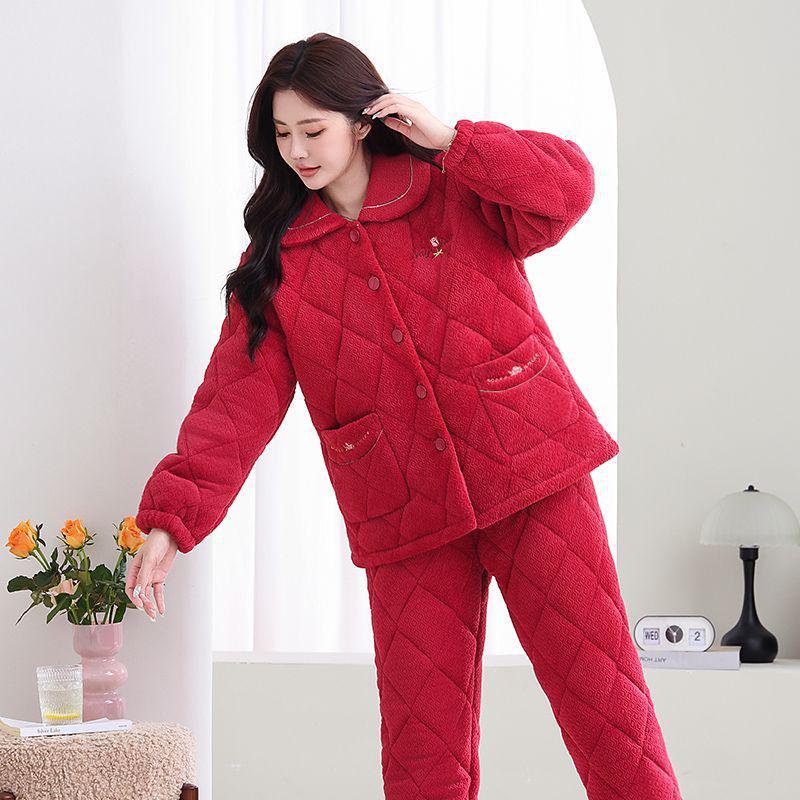 Damen Winter Korallfleece Gesteppter Pyjama - Dickes Flanell Warmes Hausanzug-Set für Mittelalte und Ältere Mütter