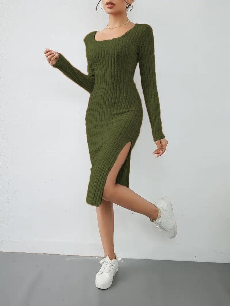 2025 Spring Autumn Fashion Knitted Ribbed Square Neck Dress with Slit