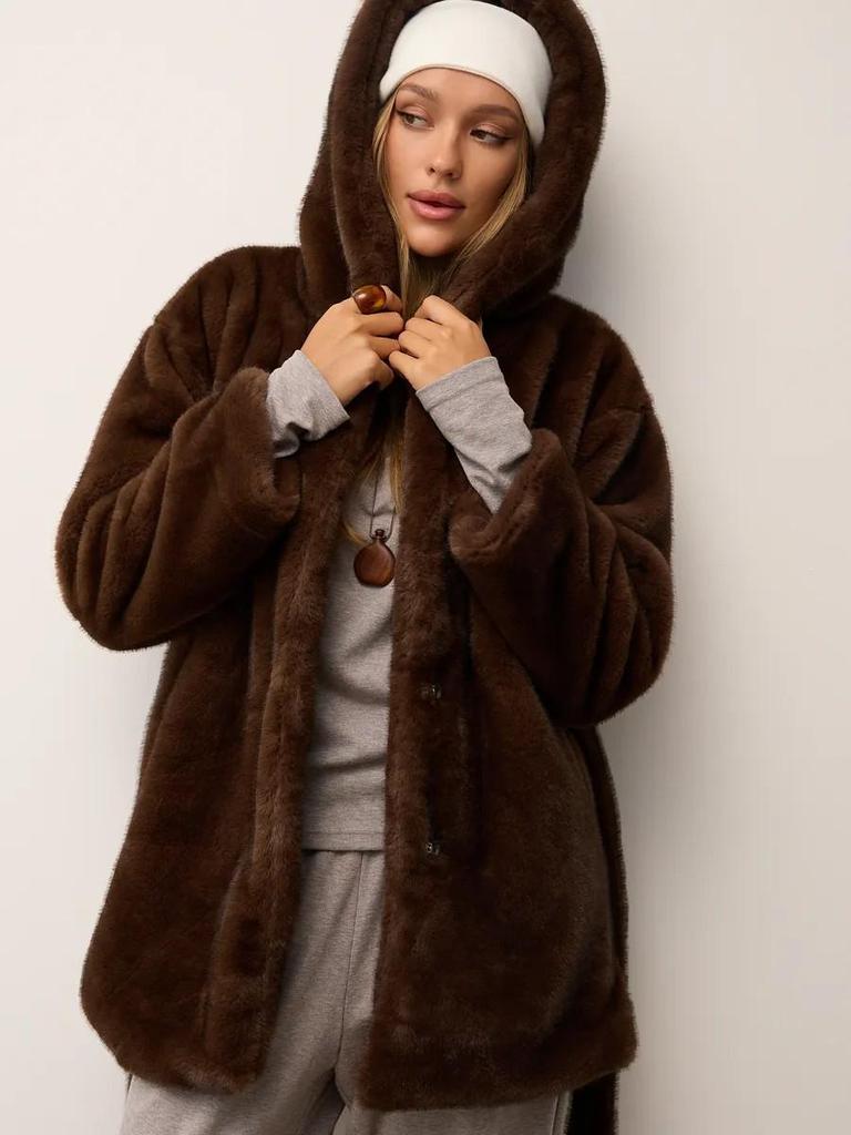 Women's Mid-Length Hooded Eco-Friendly Faux Mink Fur Coat with Belt