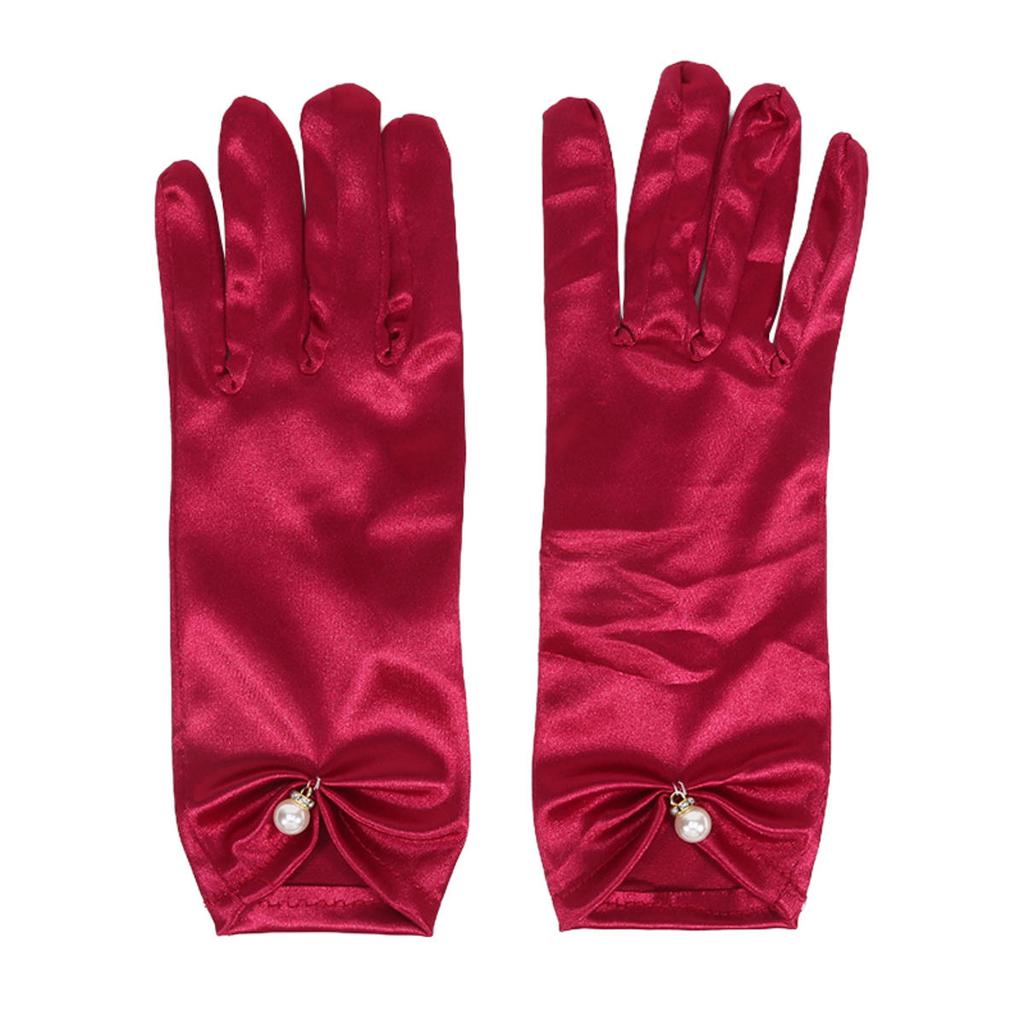 Women Elegant Satin Short Mittens Faux Pearl Pendant Decoration Solid Color Etiquette Gloves Dinner Party Opera Wedding Stage Performance