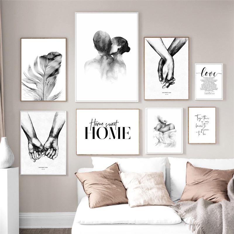 Nordic Minimalist Poster and Print Shoulder Kiss Hand Wall Art Canvas Painting Black White Art Pictures Living Room Home Decor