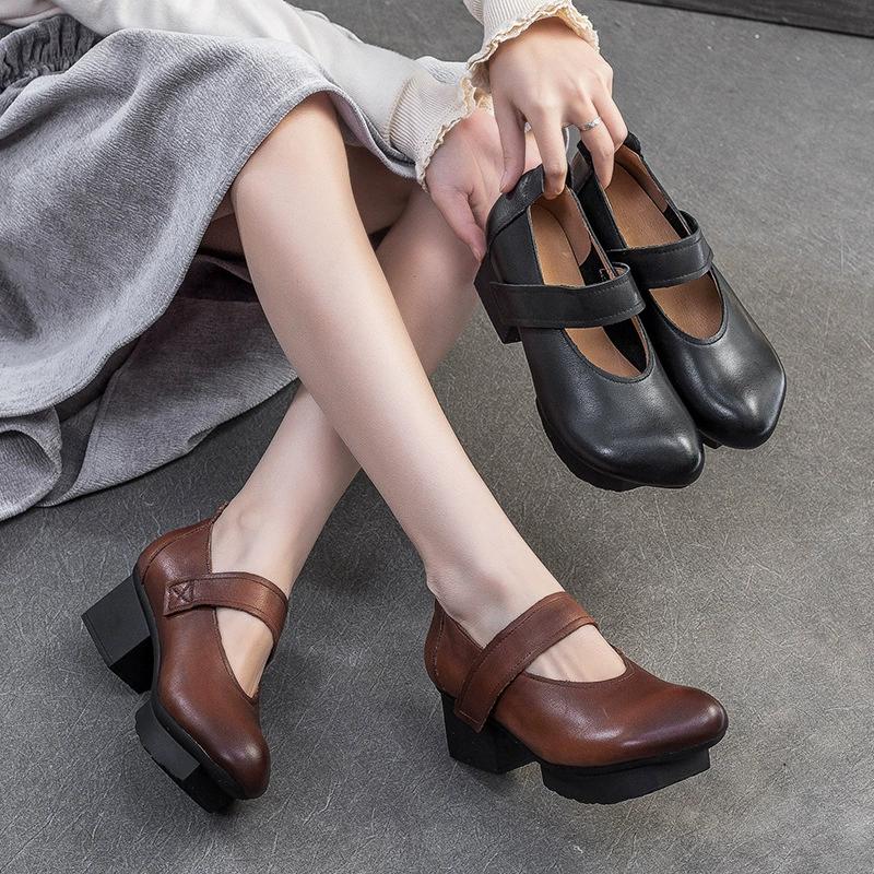 Fashion GKTINOO 2025 Spring Summer New Vintage Real Cowhide Round Toe Women's Shoes Handmade Genuine Leather Middle Heel Pumps