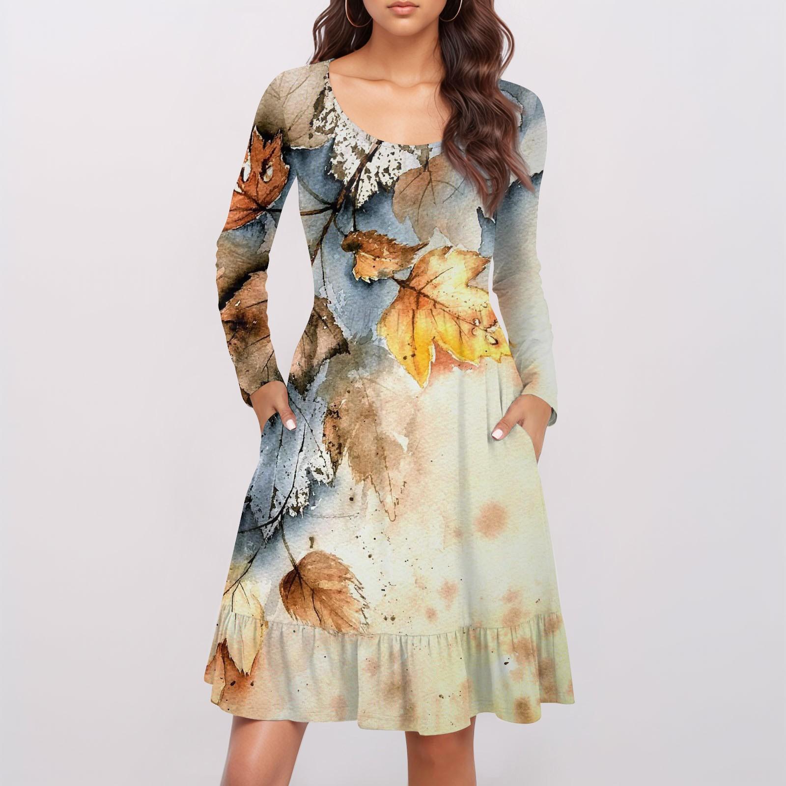 

Женское модное платье с круглым вырезом и длинными рукавами, с принтом, свободная талия, плиссированное повседневное платье XL жёлтый