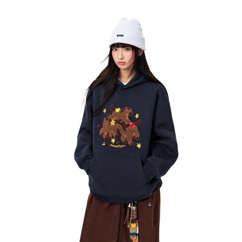 Jungle Tiger Towel Embroidery Three Little Horses Heavyweight Hooded Sweatshirt Unisex Trendy Brand Zodiac Year New Year Horse Year Clothing