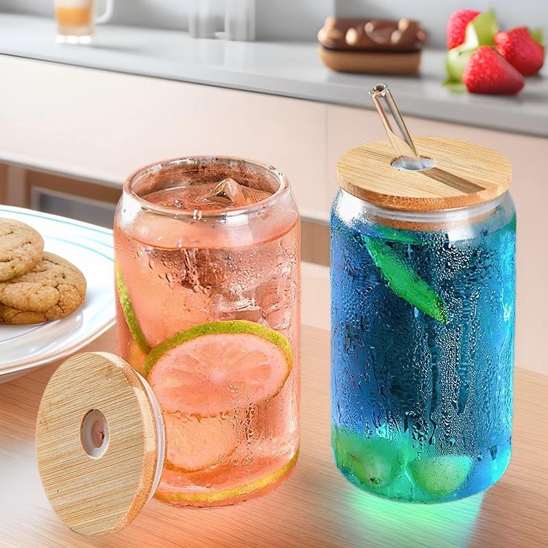 16oz High-Value Transparent Cola Cup with Bamboo Lid & Borosilicate Glass Straw, Logo Printed.