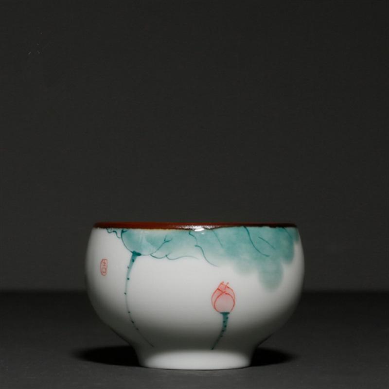 

85ml Hand Drawn Pink Green Lotus Teacup Ancient Tea Bowl Beautiful Tea Cup Tea-tasting Smelling Cup Jianzhan Master Cups Teaset