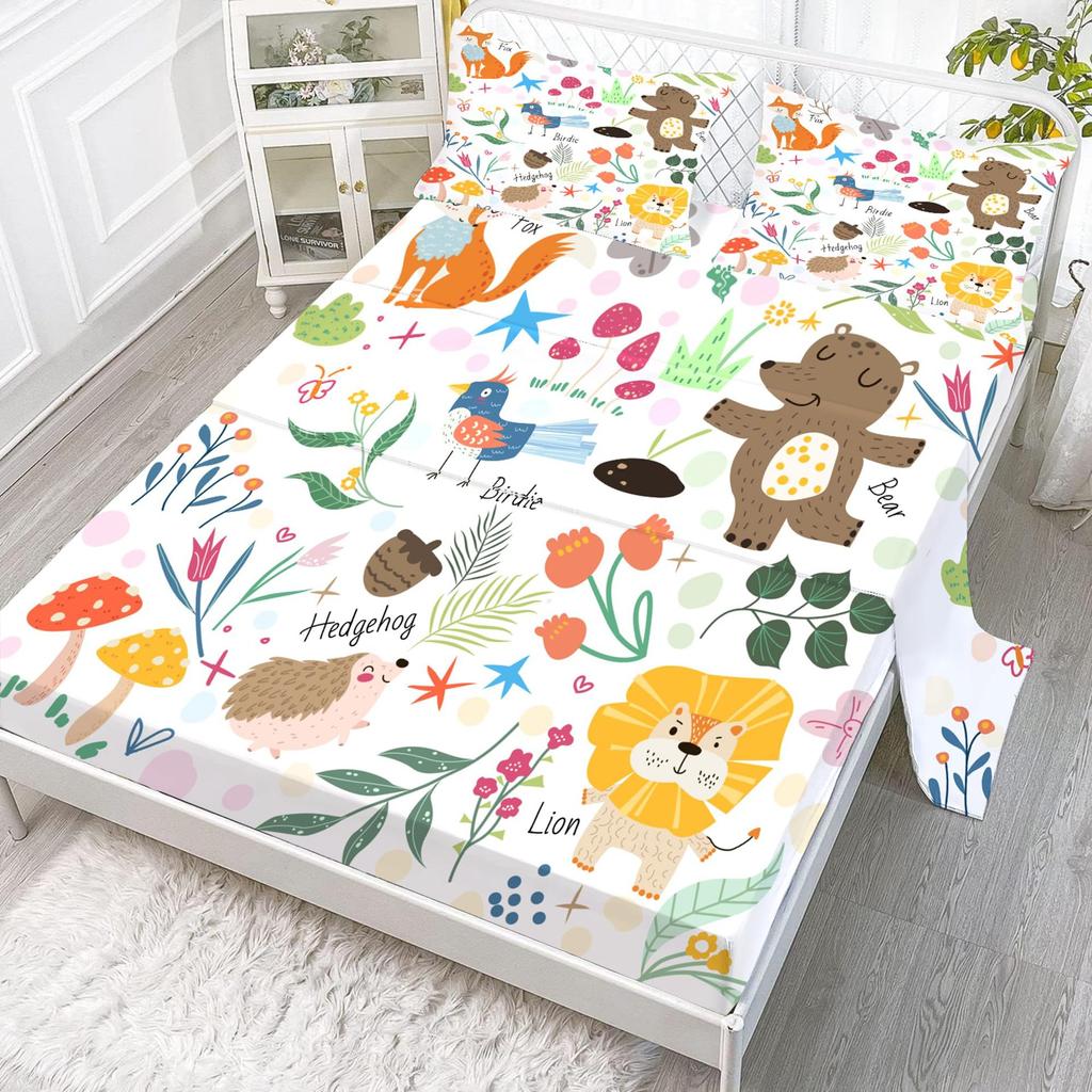Cartoon Animal Cute Fox Bear Lion Pattern Mattress Four-Piece Set Bedroom Dormitory Bedding Decoration