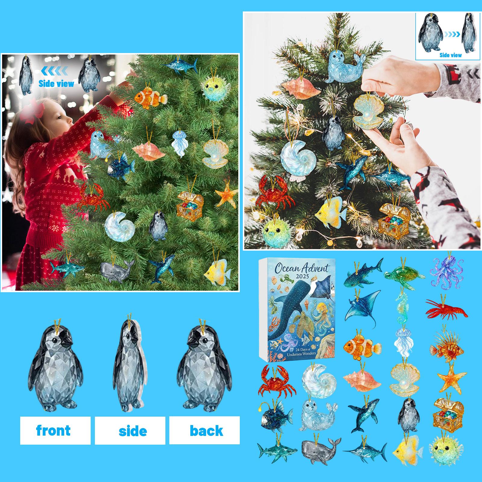 

Адвент-календарь «Океанские подводные чудеса», 2D плоские акриловые украшения, елочные украшения, идеально подходит для рождественских украшений One Size