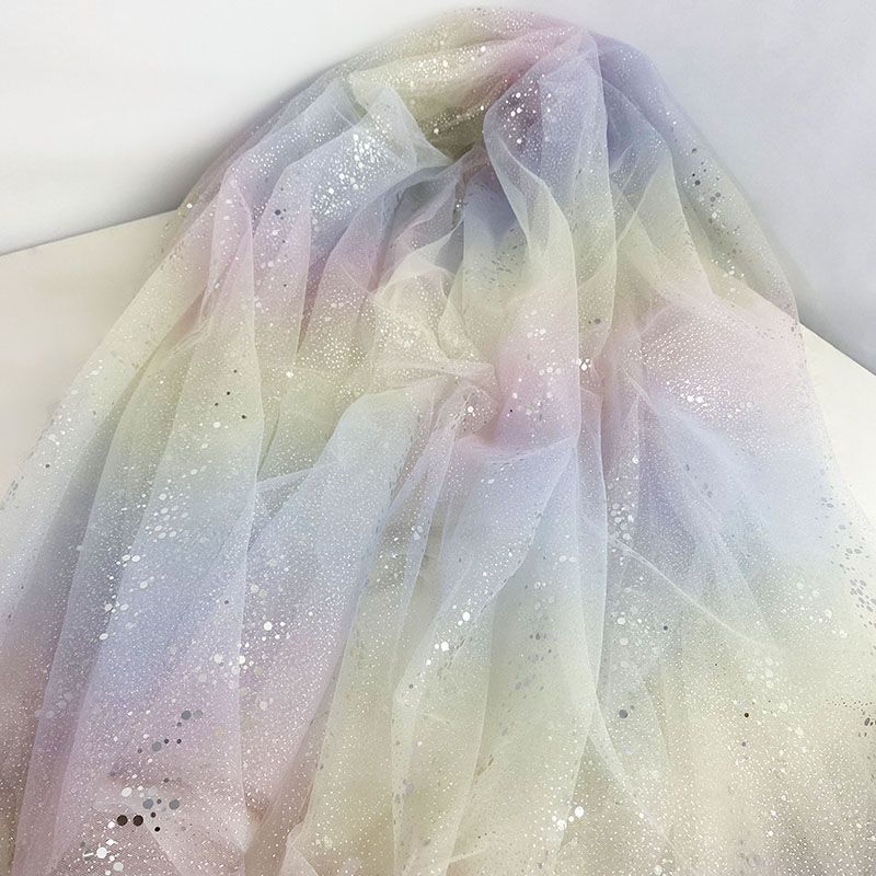 Gradient Rainbow Tulle Fabric Star Sequin By The Meter for Dress Hanfu Wedding Package DIY Sewing Cloth Soft Thin Draping Blue