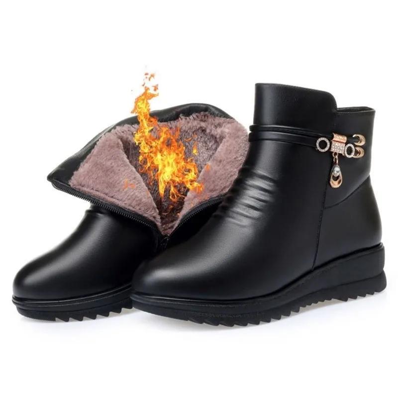 Black Soft Leather Ankle Boots for Women Autumn Winter Thick Wool Short Boot Wedges Shoes Comfortable Mom's Cotton Bota