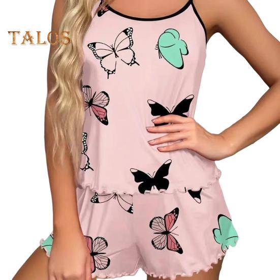 

2 шт./комплект женская домашняя одежда топ шорты костюм с принтом бабочки без рукавов жилет с открытой спиной эластичные шорты с высокой талией майка шорты наряд для леди лето M розовый