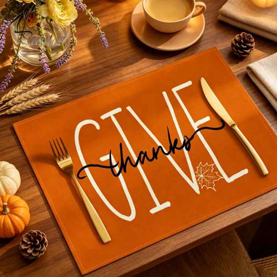 Durable Table Mats for Daily Use Pumpkin Autumn Leaves Placemat, Thanksgiving Linen Washable Heat Resistant Rustic Decorations Place Mat Dining