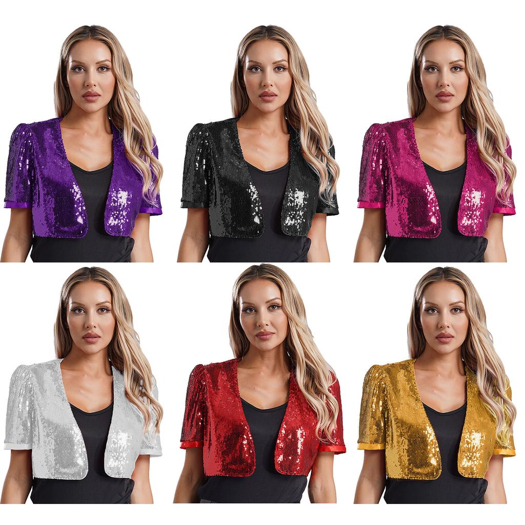 Women Glitter Sequin Cardigan Cropped Jacket Short Sleeve Open Front Fully Lined Stylish Club Cover Up