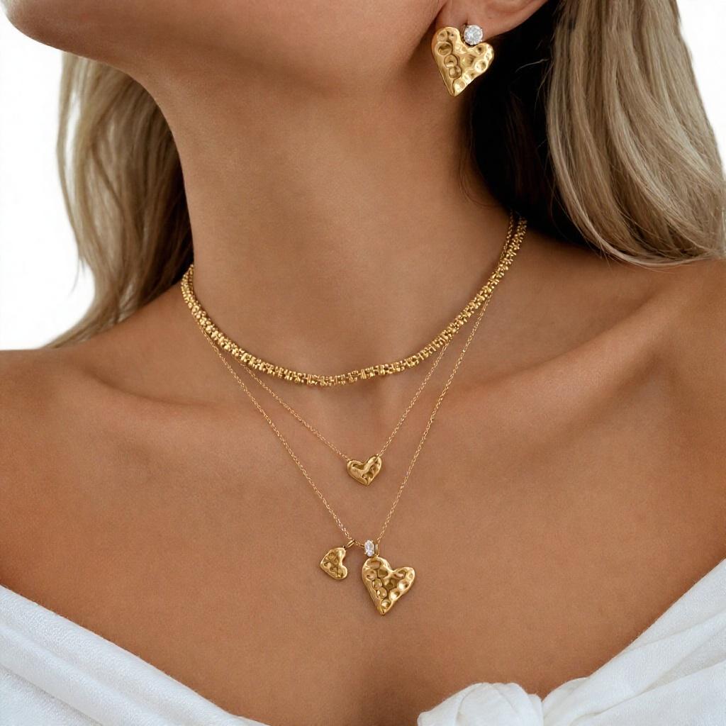 Stainless Steel Heart Necklace Luxury Niche Accessory Women Layered Necklace Earrings Vacuum Gold Plating Waterproof Jewelry