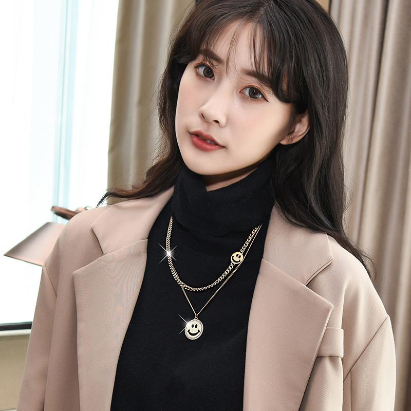 Elegant Layer Double Smiley Face Necklace For Women In Stylish Korean Design Available In Silver And Gold Elegant Titanium Steel