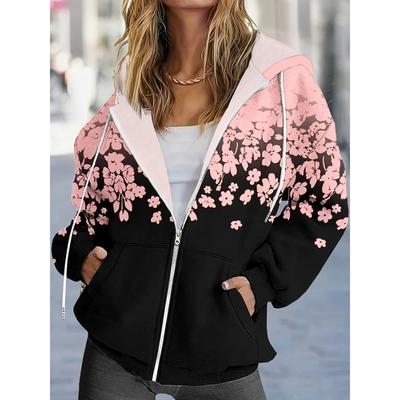 Damen Kapuzenpullover mit Reißverschluss, lässig, locker, mit Taschen, langen Ärmeln, detailreichem Frontreißverschluss, floralem Pflanzen-Gradienten-Print