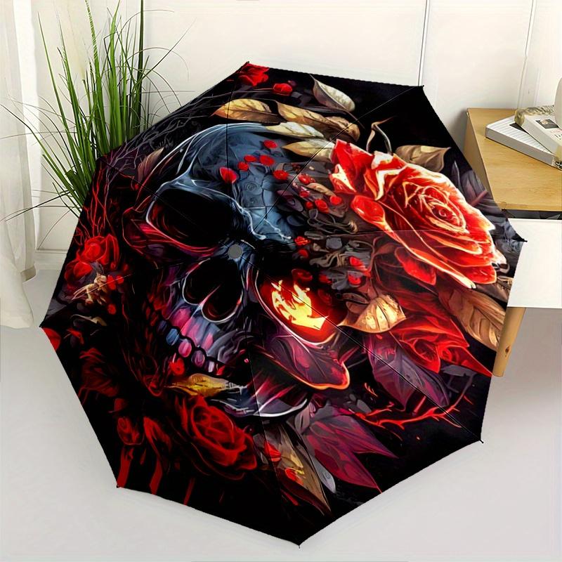 1pc Floral Skull Automatic Open/CloseUmbrella,Compact Umbrella for Men & Women Day Gift.W046