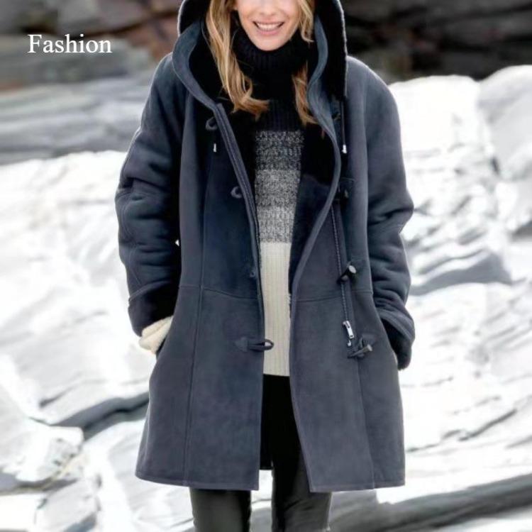 Winter Women's Coat Medium Long Hooded Casual Button Cardigan Warm Solid Color Simple Original Style