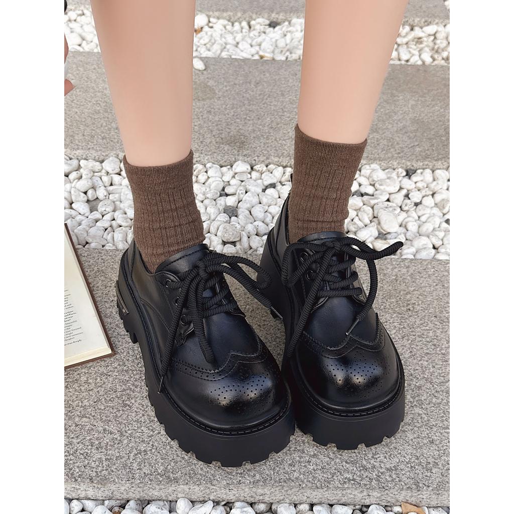 Black retro British style thick heel platform small leather shoes women's autumn and winter skirt heightening loafers