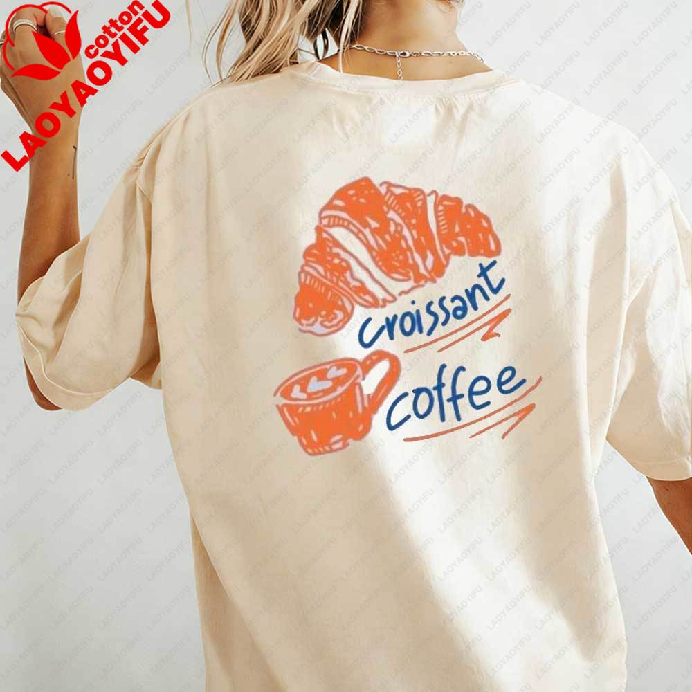 Womens Casual TShirt Croissant Coffee Print Short Sleeve Cute Food Graphic Cotton Tops Fit Streetwear Blouse for Daily Wear