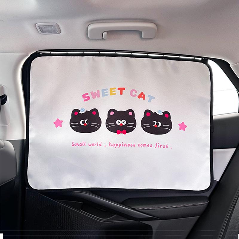 Blue Rain Cartoon Cat Car Sun Shade Fabric - Heat Insulating Window Curtain for Baby.